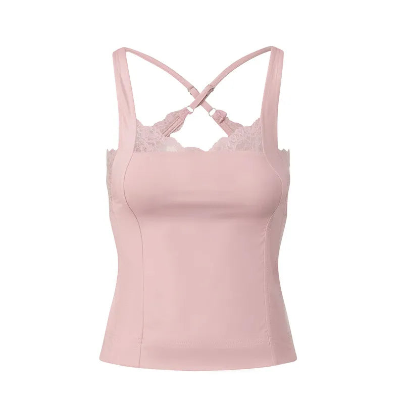 Vintage Y2K Lace Trim Halter Women Sleeveless Backless Camisole Slim Fit Crop Tank Top