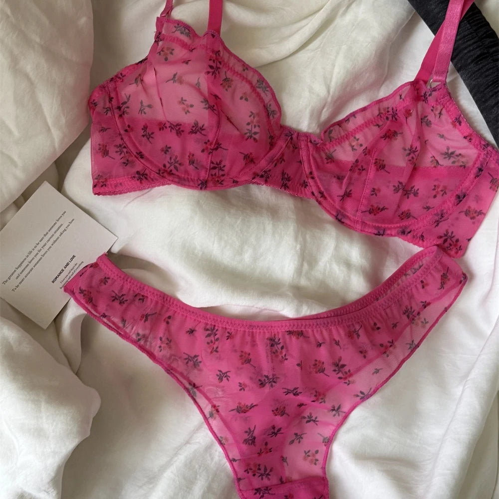 French Ultra Thin Lace Floral Lingerie Set With Plunge Mesh Bra And Matching Thong