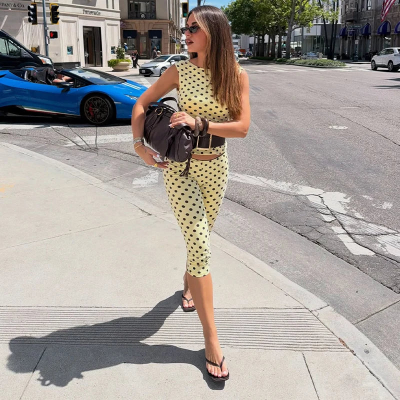 Retro Yellow Polka Dot Open Back Sleeveless Top And Capri Pants Set High Waist
