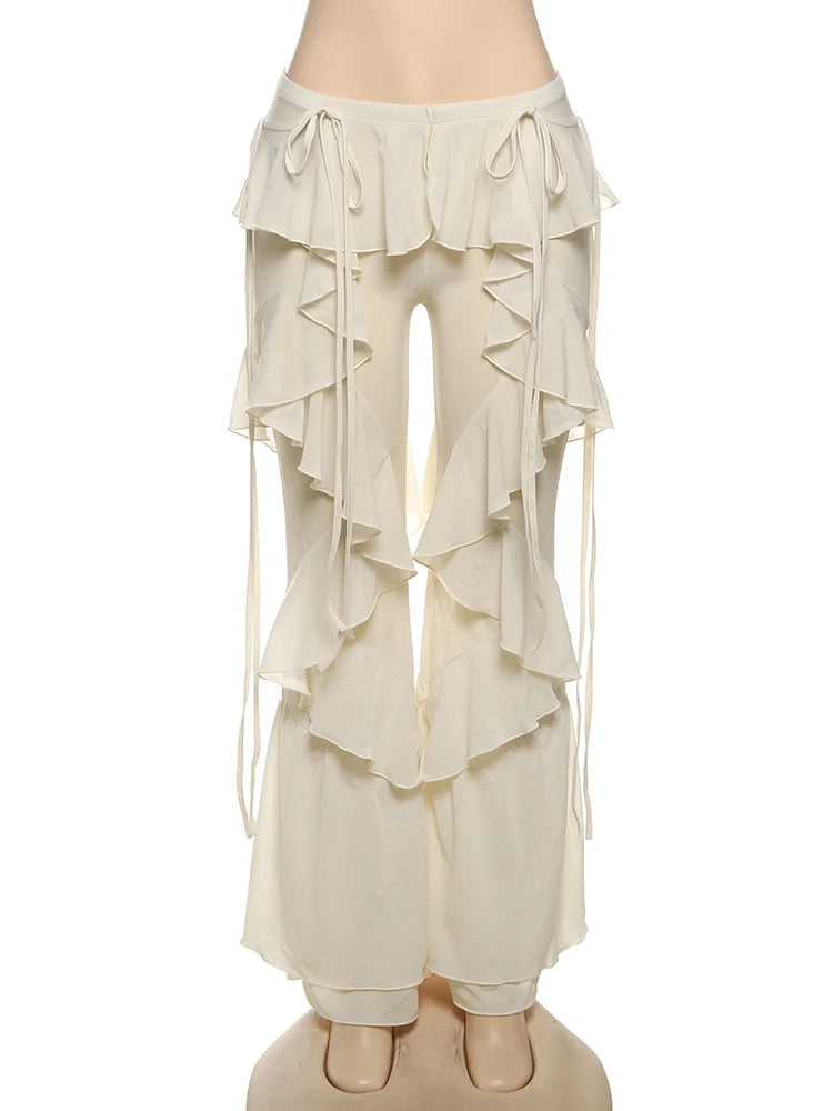 Irregular Tiered Flare Pants With Patchwork See Through