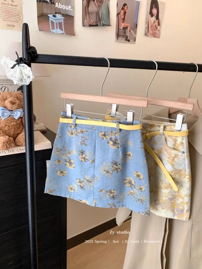 Retro Tie-Dye Denim A-Line Skirt With High Waist