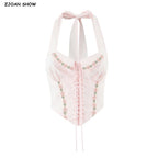 Pink Embroidered Floral Halter Corset Camisole With Ruched Chest Bow And Cross Lacing