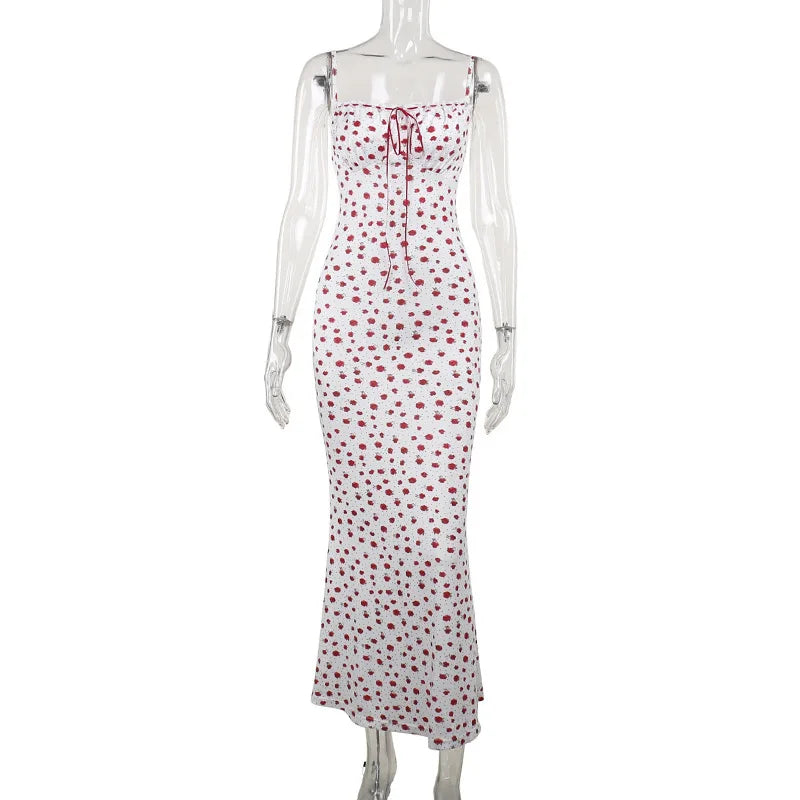 Floral Spaghetti Strap Maxi Dress With Lace Trim And Lace Up Detail