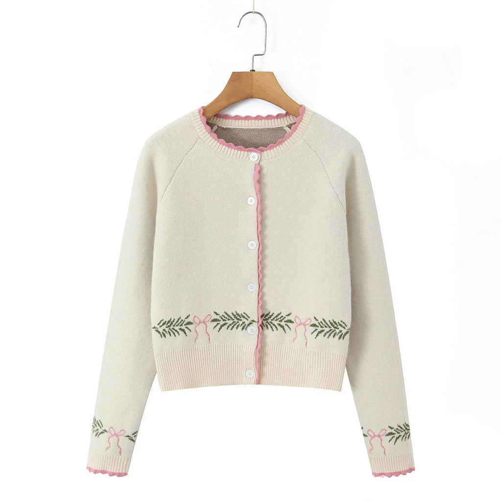 Women Sweater Cardigan Lovely Short Embroidered Sweaters O Neck Knitted Jumpers