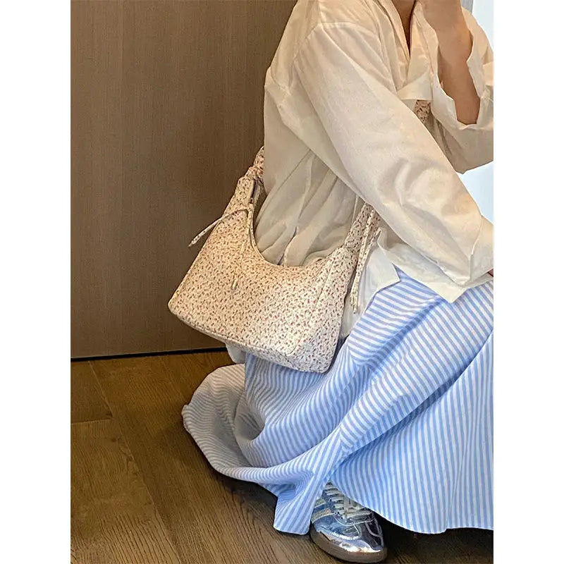 Fairycore Floral Canvas Shoulder Bags With Drawstring