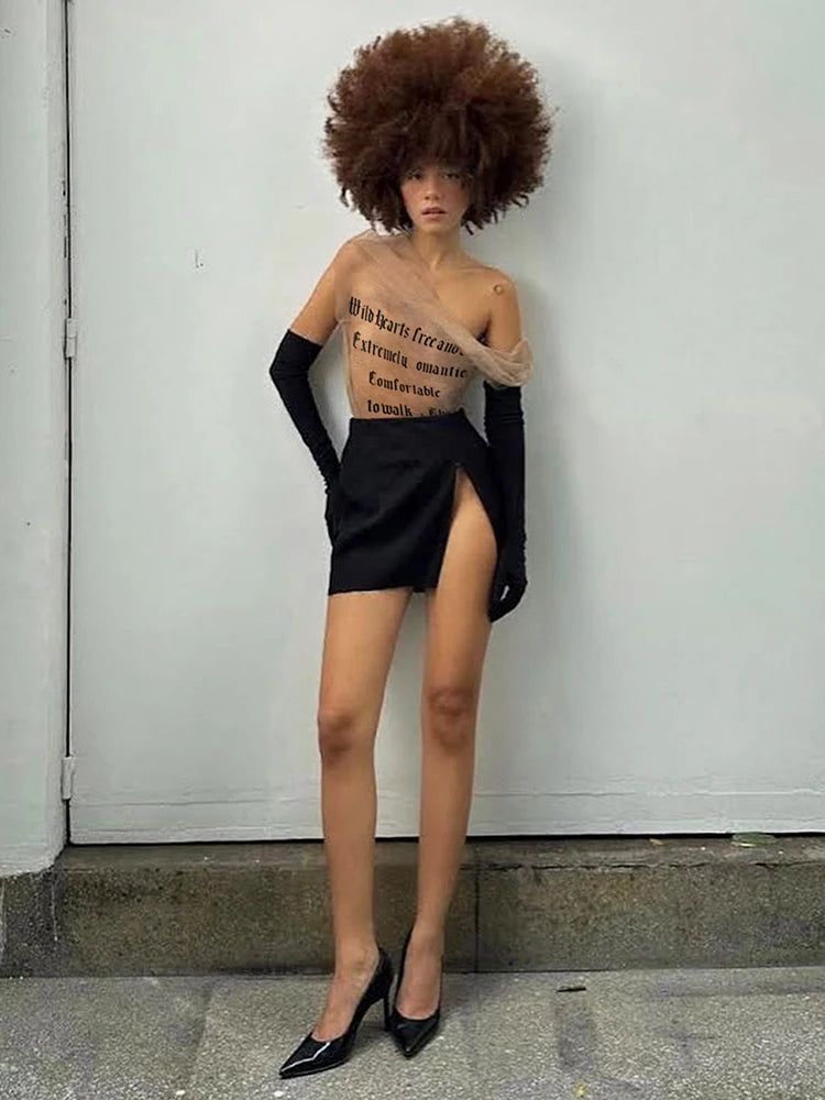 Midnight Letter Print Mesh Patchwork Top With Backless Design For Women Streetwear Mood