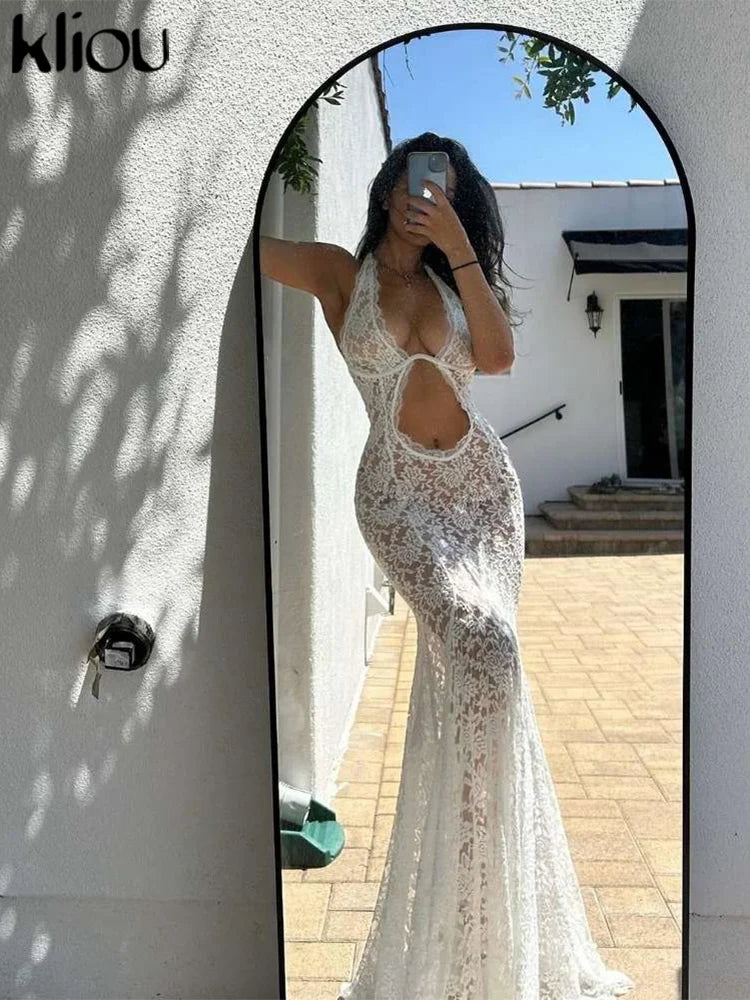 Lace Halter Long Dress Coquette Deep V Neck Ruched Trim