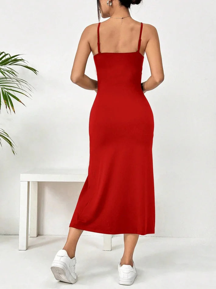 Chic Slit Cami Maxi Dress With Subtle Stretch For Everyday Wear