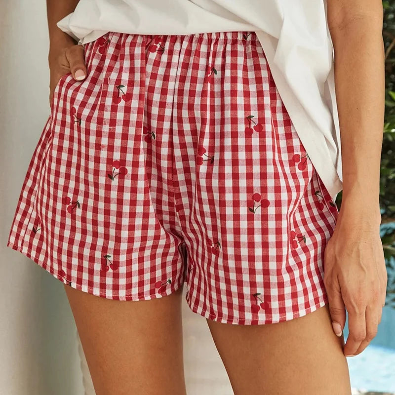 Cherry Plaid Lounge Shorts With Elastic Waistband Cute