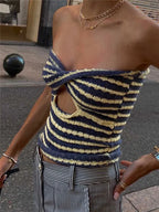 Off Shoulder Knit Tube Top With Stripe Backless Bustier Cropped