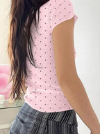 Y2K Polka Dot Crop Top With Lace Trim And Scoop Neck Short Sleeve Tee