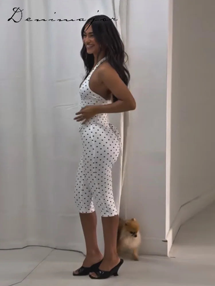 Chic Polka Dot Two Piece Set With Halter Lace Up Corset Top And Cropped Pants Y2K Inspired Outfit