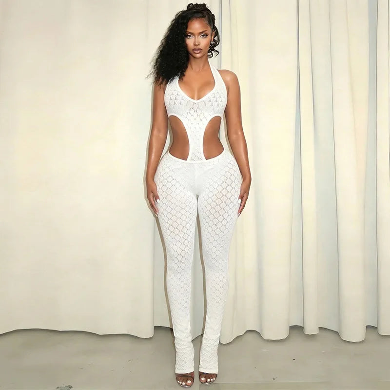 Mesh Backless Halter Jumpsuit With See Through Panels And Figure Hugging Fit