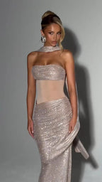 Sequins Off Shoulder Dress With Cinched Waist Sheer Ribbon Pleated Long Sleeves Glam