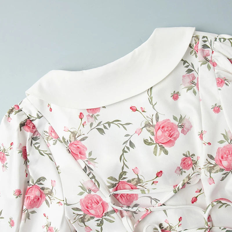 Puff Sleeves Ruffled Mini Dress With Pearl Buttons