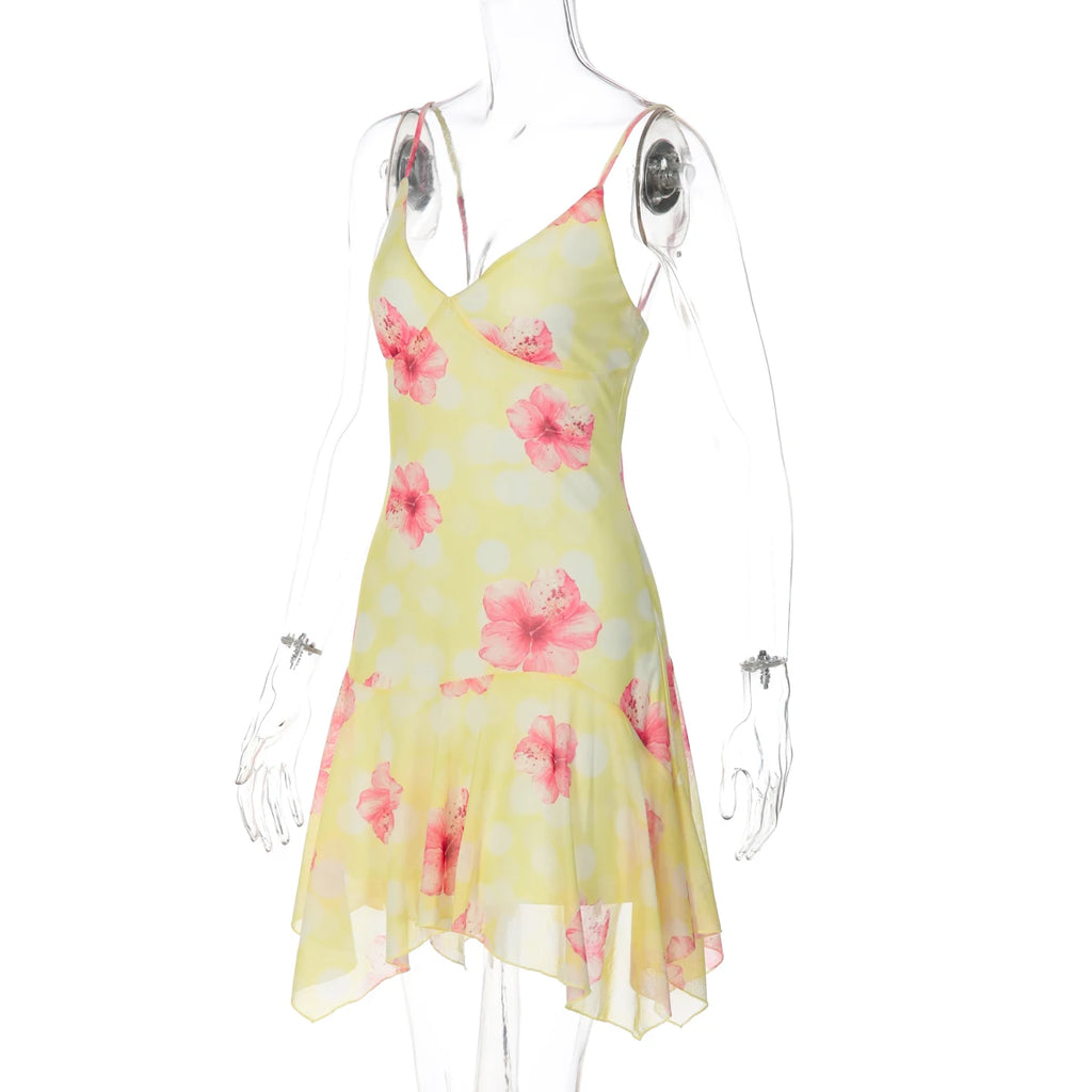 Fashion Floral Print V Neck Backless Sexy Ruffles Irregular Mini Dress