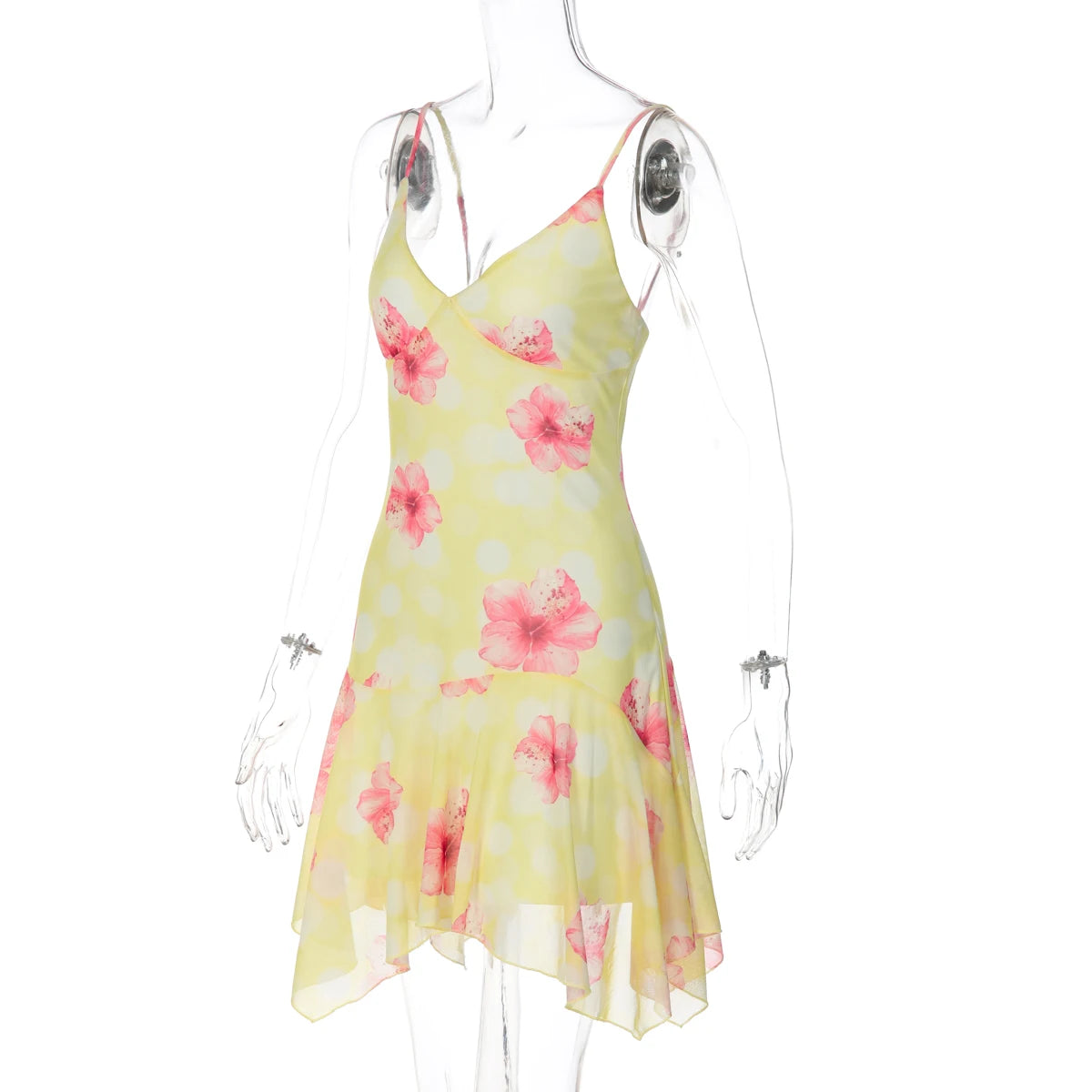 Fashion Floral Print V Neck Backless Sexy Ruffles Irregular Mini Dress