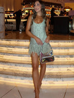 Sequined Tassel Halter Dress With Fur Fringe Backless V Neck