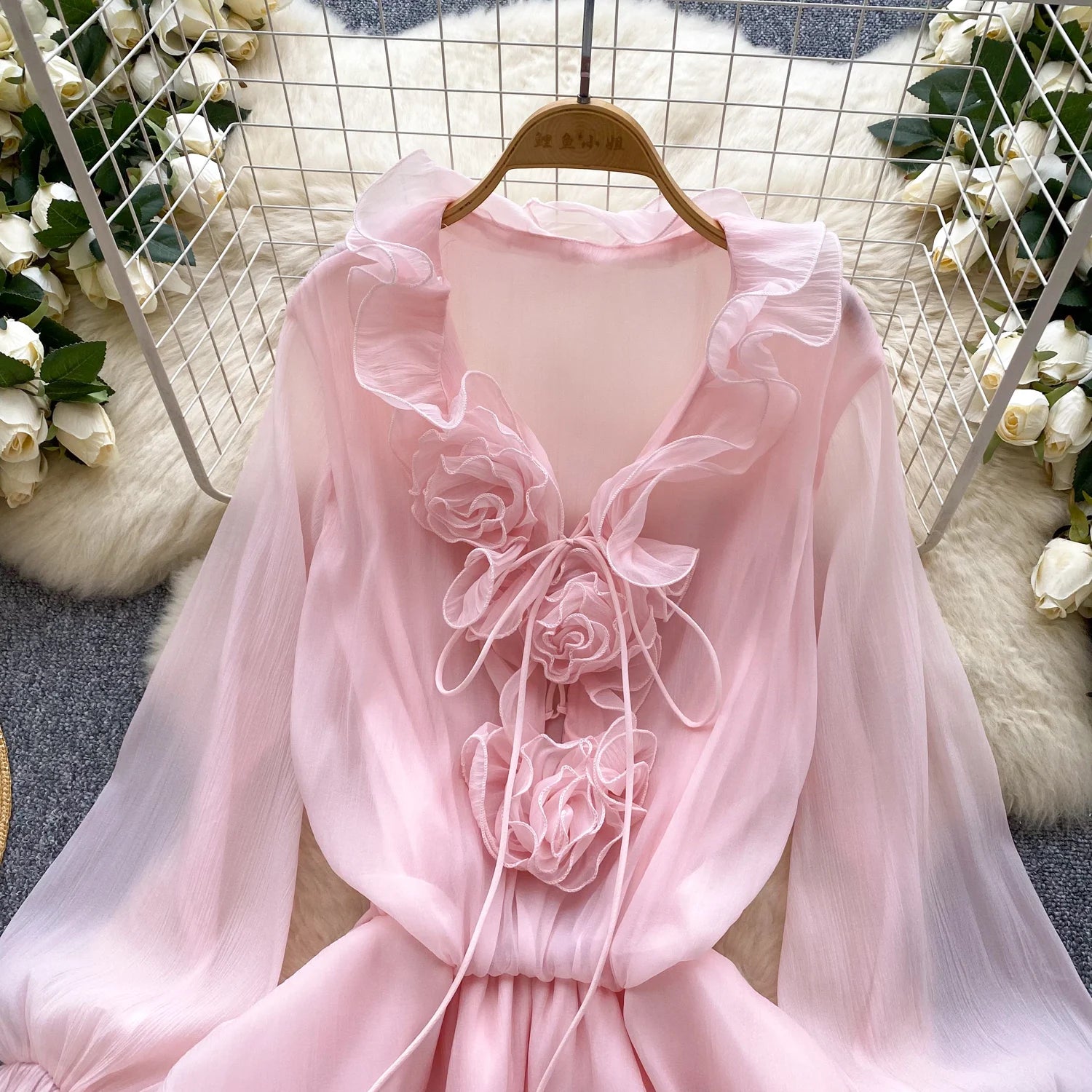 Boho 3D Floral Chiffon Sundress With Long Sleeves Lace Up Ruffle Detail