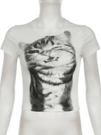 Animal Print Crop Top In White Slim Fit Crewneck Tee For Casual Vintage Vibe Everyday Chic