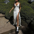 Lace Trim Maxi Dress With Spaghetti Straps And Slit