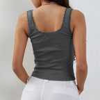 Coquette Lace Trim Knit Crop Top With Bow Sleeveless Square Collar