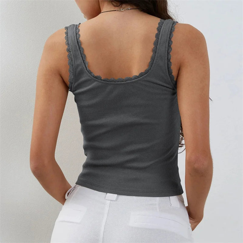 Coquette Lace Trim Knit Crop Top With Bow Sleeveless Square Collar