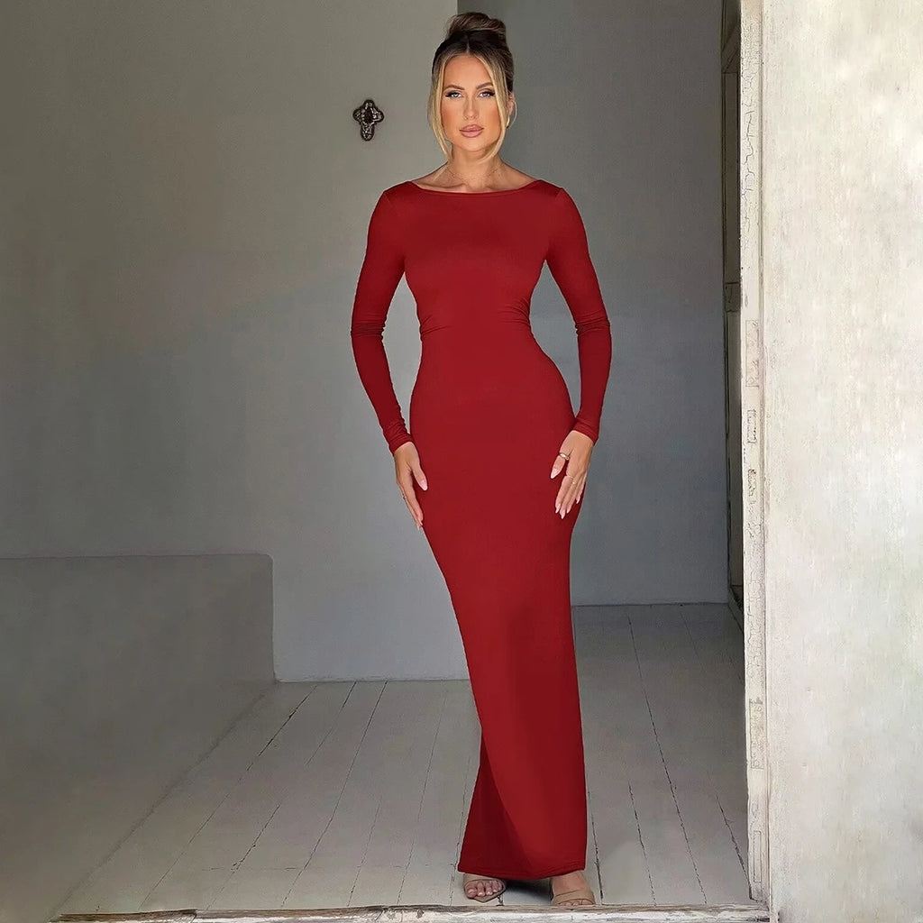 Elegant Backless Long Sleeve Maxi Dress With Bodycon Fit
