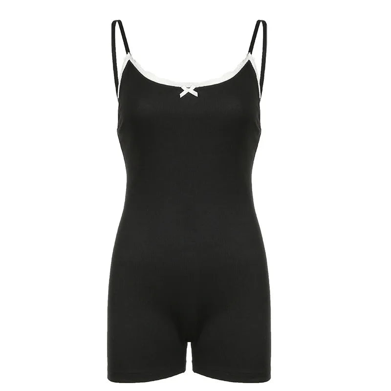 Lace Bow Detail Solid Color Jumpsuit High Stretch Form Fitting