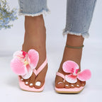 Clip Toe Flower Sandals With Square Front And Comfortable Flat Sole For Summer