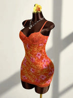 Lace Mini Dress With Spaghetti Straps High Waist Backless Retro Print
