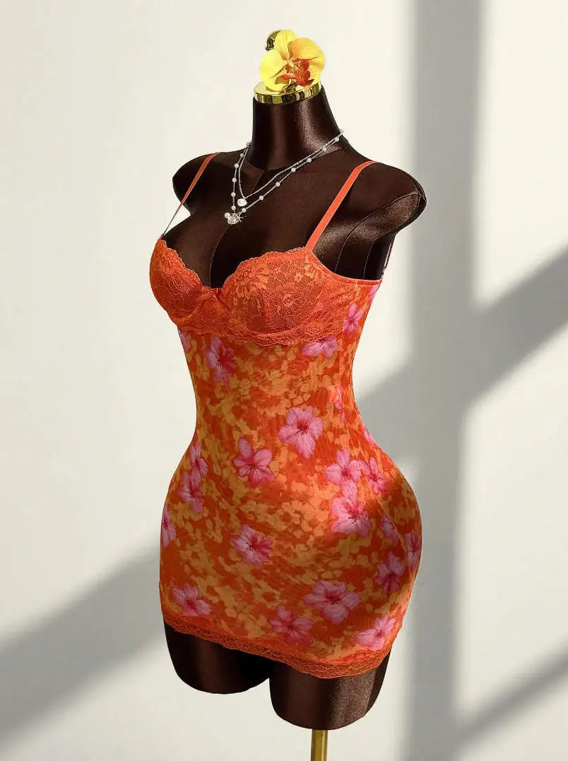 Lace Mini Dress With Spaghetti Straps High Waist Backless Retro Print