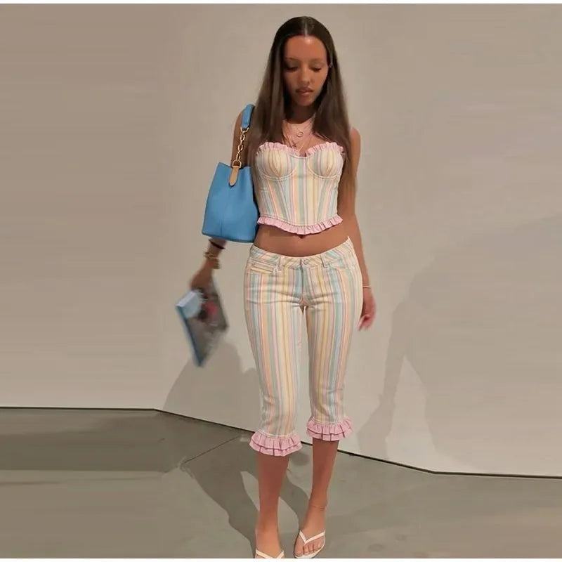 Fashion Stripe Capri Pant 2 Piece Set Women's Sleeveless Strap Crop Tank Waist-cinching Trousers