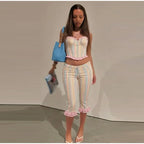 Fashion Stripe Capri Pant 2 Piece Set Women's Sleeveless Strap Crop Tank Waist-cinching Trousers