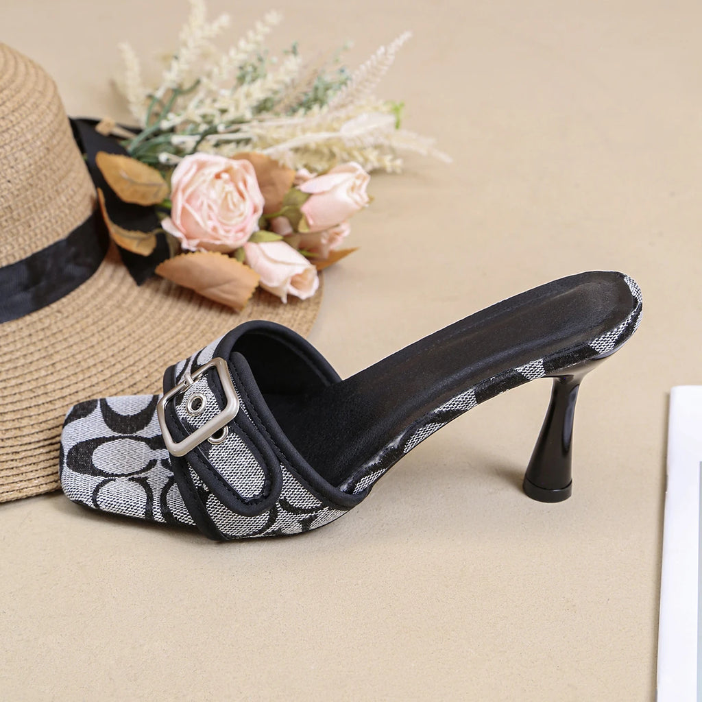 Classic Printed High-Heeled Slide Sandals