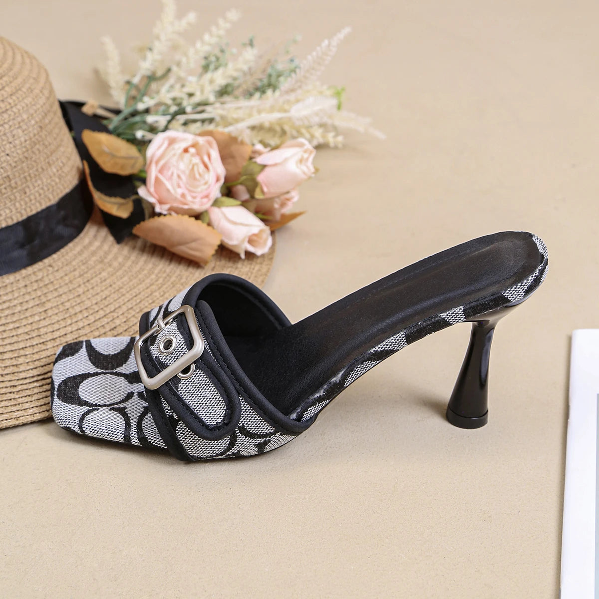 Classic Printed High-Heeled Slide Sandals
