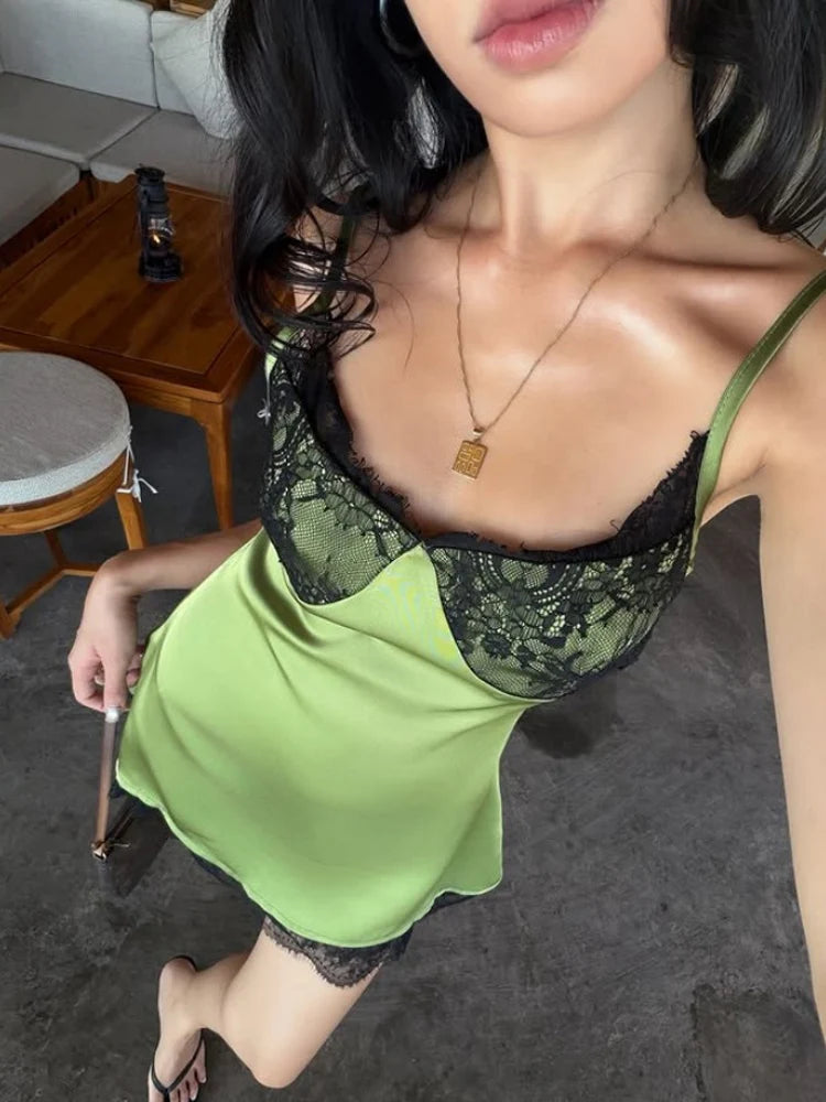 Green Camisole Lace Patchwork Slim Sheath Mini Dress