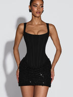 Sequin Patchwork Sling Mini Dress Off Shoulder Backless Waist Cinching Party Gown