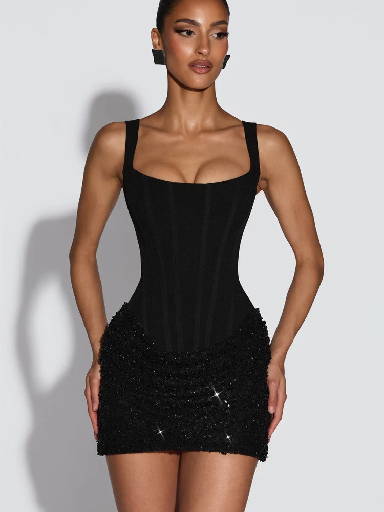 Sequin Patchwork Sling Mini Dress Off Shoulder Backless Waist Cinching Party Gown