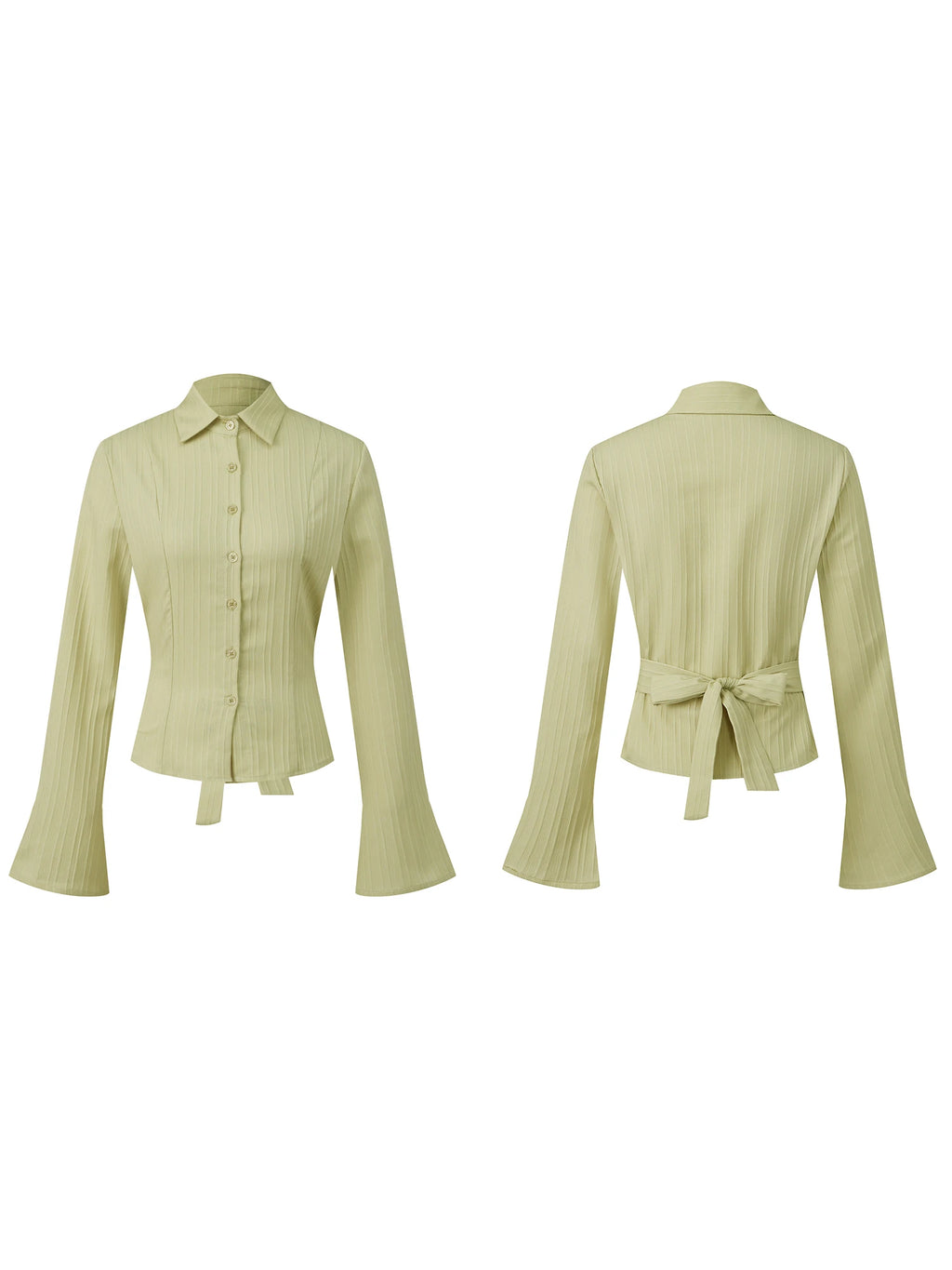 Cinched Waist Button Down Blouse With Back Tie Long Sleeve