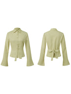 Cinched Waist Button Down Blouse With Back Tie Long Sleeve