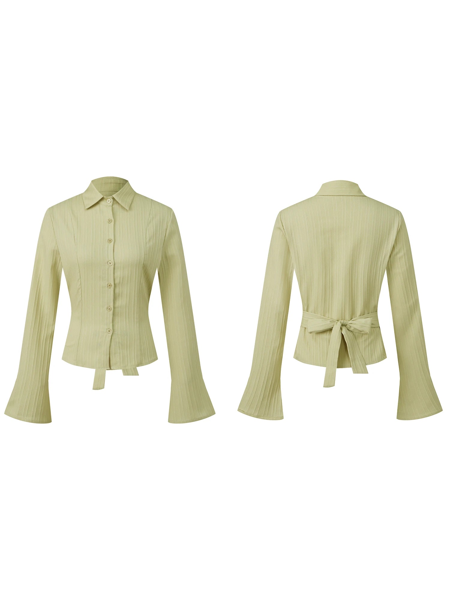Cinched Waist Button Down Blouse With Back Tie Long Sleeve