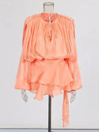 Lace Up V Neck Mini Dress For Women Long Sleeve