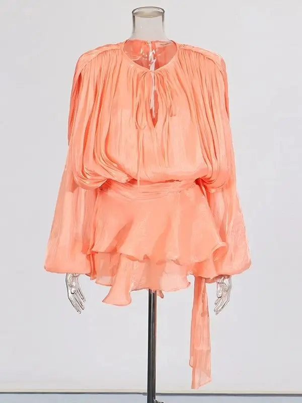 Lace Up V Neck Mini Dress For Women Long Sleeve