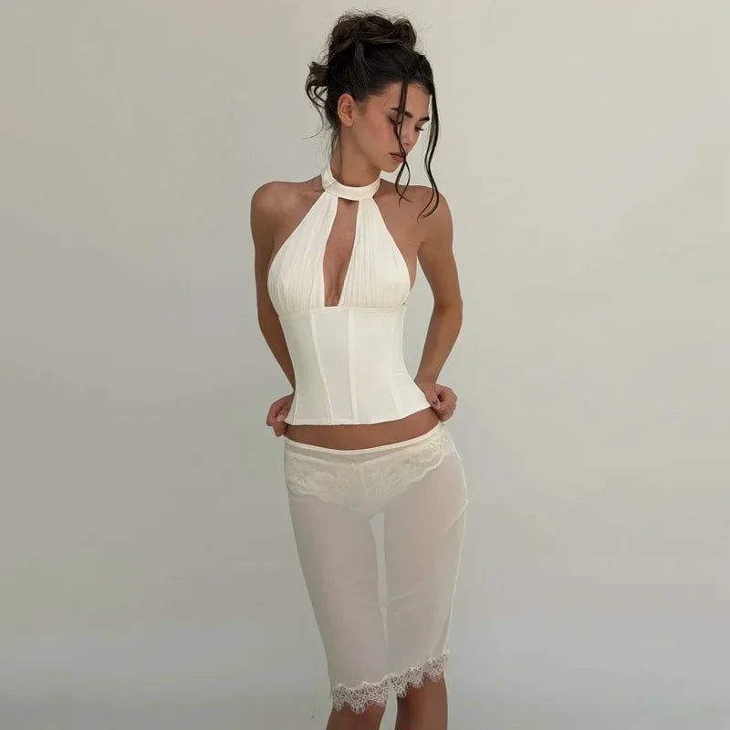 Halter Neck Crop Top With Lace Up Details And Backless Design