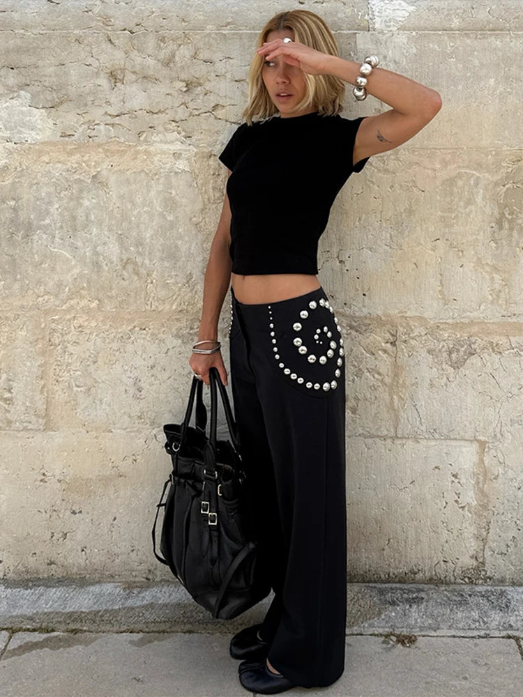 Spiral Rivet Decor Wide Leg Pants With Elastic Waist
