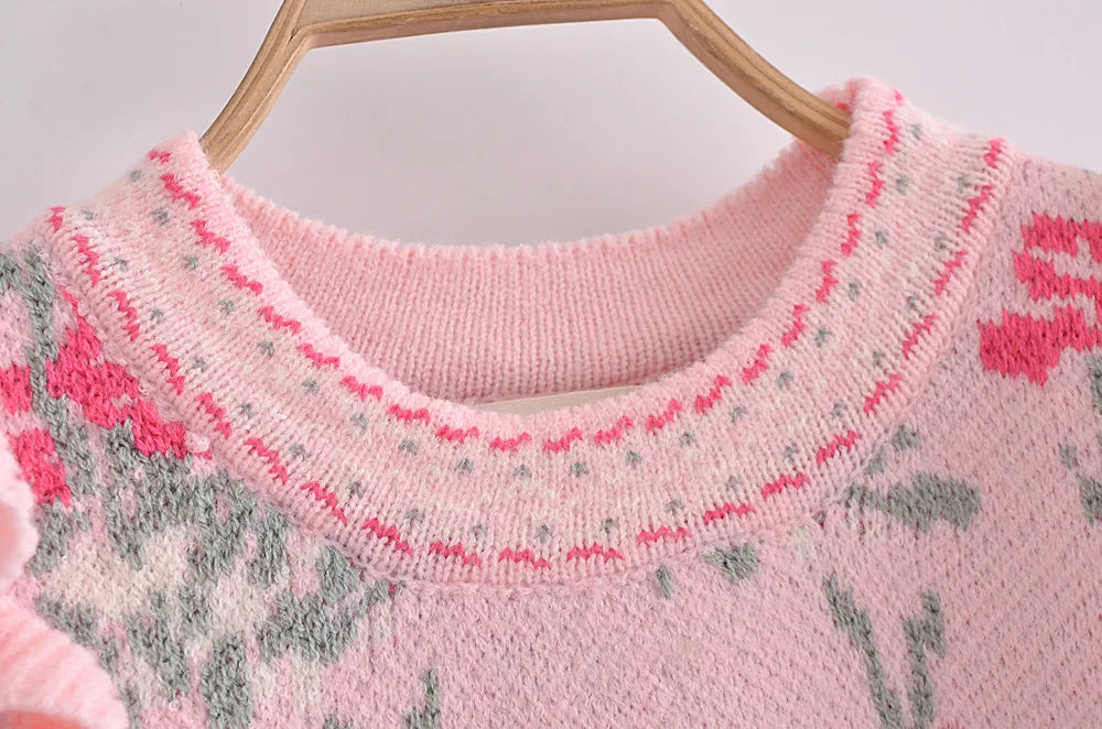 Front Wood Ears Ruffles Jacquard Cropped Sweater Vintage O neck Puff Sleeve Pullovers Short Jumper Knitwear