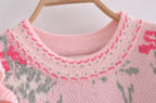 Front Wood Ears Ruffles Jacquard Cropped Sweater Vintage O neck Puff Sleeve Pullovers Short Jumper Knitwear