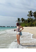 Checkered V Neck One Piece Swimsuit With Belly Coverage And Open Back