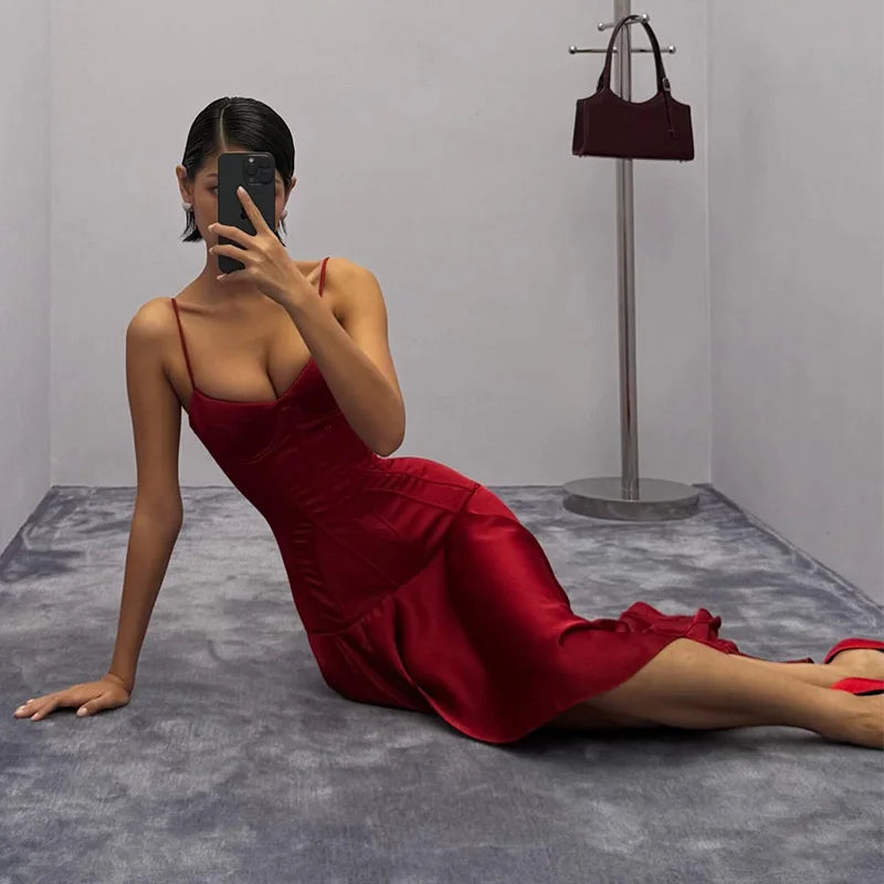 Slit Waist Cinching Evening Dress V Neck Sleeveless Slim Irregular Long